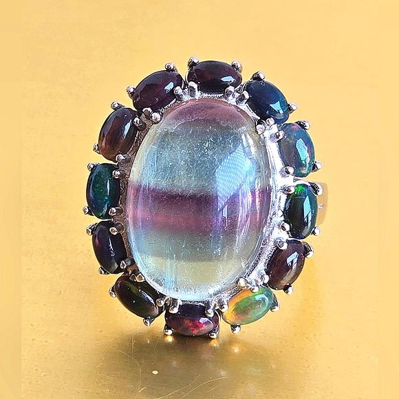 Natural Fluorite & Black Opal 925 Sterling Silver Ring Sz 7.25 - Picture 12 of 14